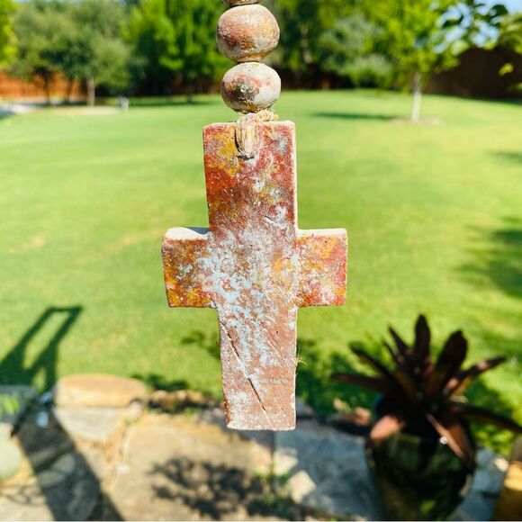 RusticClay Ceramic White Pale Blue Rosary Beads Distressed Decor Garden Necklace - Picture 12 of 16